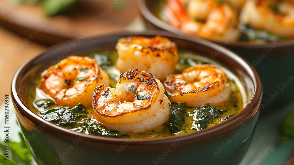 Prawn and Spinach Soup with Crispy Prawn Garnish. Prawn and Spinach Soup with Crispy Prawn Garnish.