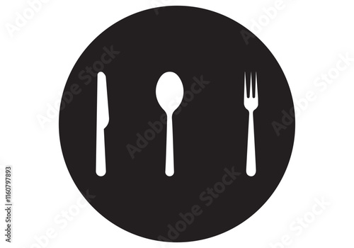 Fork, spoon, knife and plate. Menu symbol. Tableware instruments. Restaurant icon. Food, plate, fork, knife, spoon, cutlery icon set.