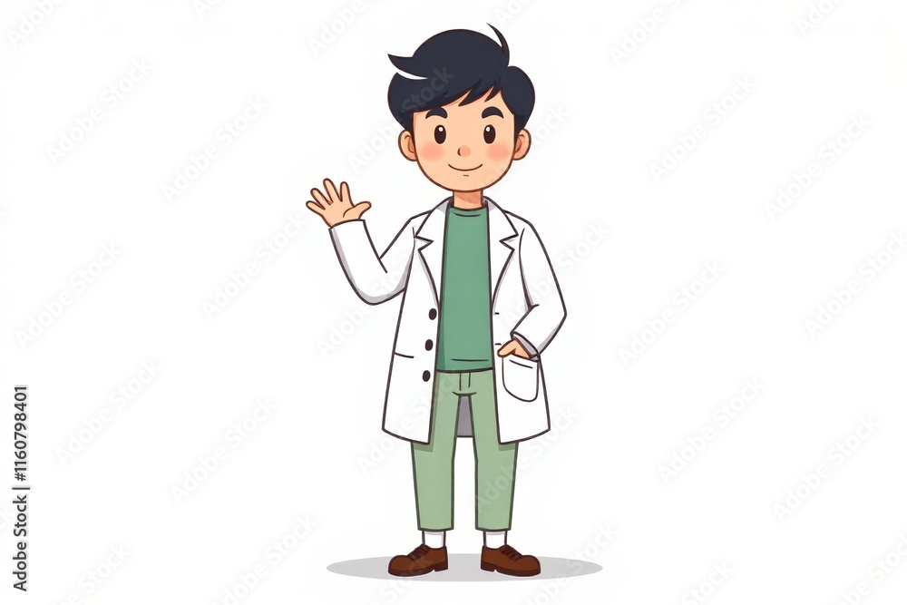 a cartoon doctor with a white coat waving his hand a cartoon doctor with a white coat waving his hand