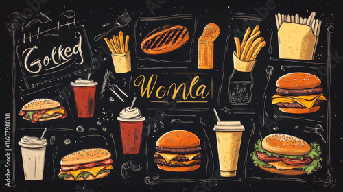 Fast food sketch price menu template for fastfood restaurant or bistro. Vector cheeseburger burger or hotdog sandwich snack, french fries or pizza and ice cream, chicken grill and coffee or soda drink photo