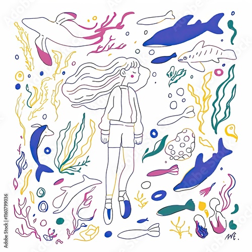 Girl Floating Amidst Vibrant Underwater Life, Illustrated in a Whimsical Style with Colorful Kelp, Fish, and Dolphins, Creating a Serene and Dreamlike Scene. photo