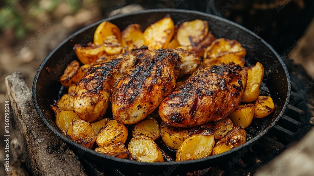 Cooking Grilled Chicken and Potatoes on an Outdoor Grill. Cooking Grilled Chicken and Potatoes on an Outdoor Grill.