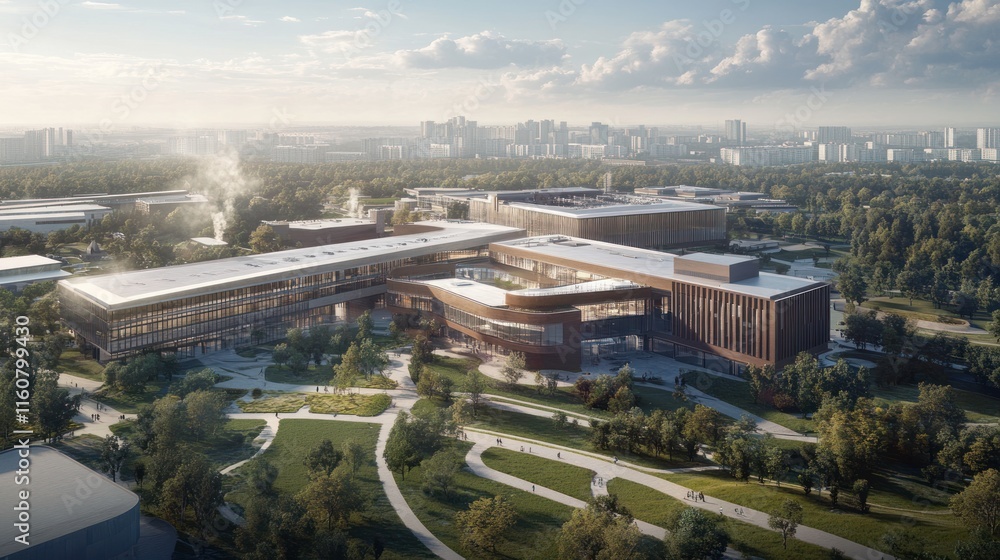 Fototapeta premium Aerial view of modern campus architecture in park-like setting.