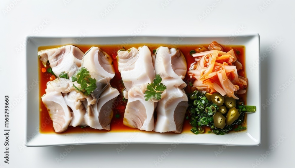 Fresh Pork with Kimchi and Garnish Served on a Stylish White Plate for Culinary Delight Fresh Pork with Kimchi and Garnish Served on a Stylish White Plate for Culinary Delight