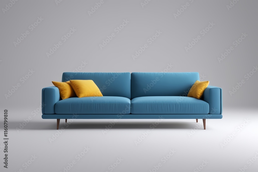 arafed blue couch with yellow pillows on a gray background arafed blue couch with yellow pillows on a gray background