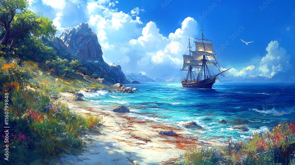 Obraz premium A serene seascape with a majestic ship sailing through crystal-clear waters.