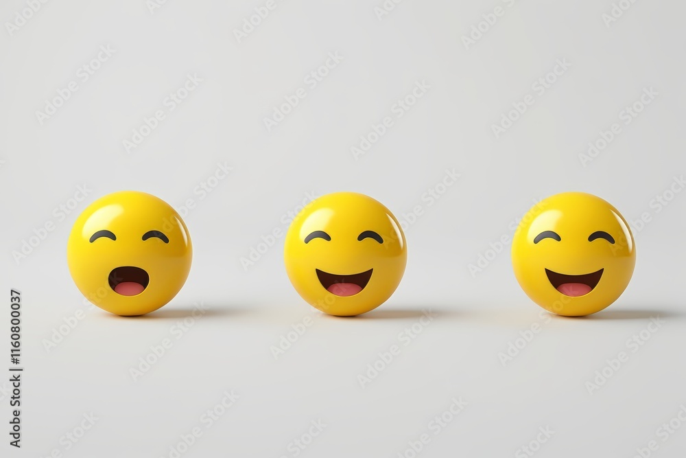 three yellow balls with different expressions are lined up in a row