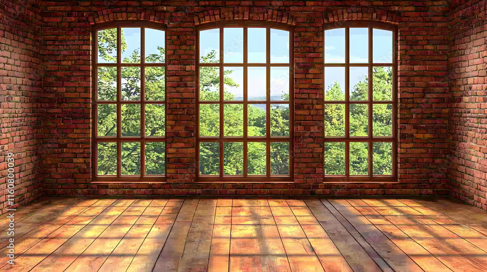 Brick Wall Room with Three Windows Illustration Brick Wall Room with Three Windows Illustration