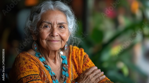 Elderly Mexican woman sitting in a park, reflecting on life and experiencing a range of emotions