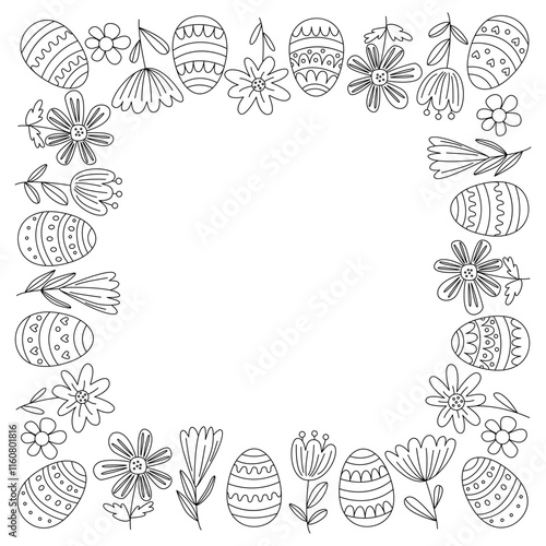 Easter square frame with  decorated eggs and flowers. Vector illustration in hand drawn doodle style, black outline. Perfect for greeting cards, invitations, coloring
