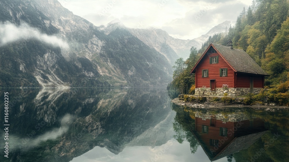 Fototapeta premium Red cabin on lake reflecting mountains.