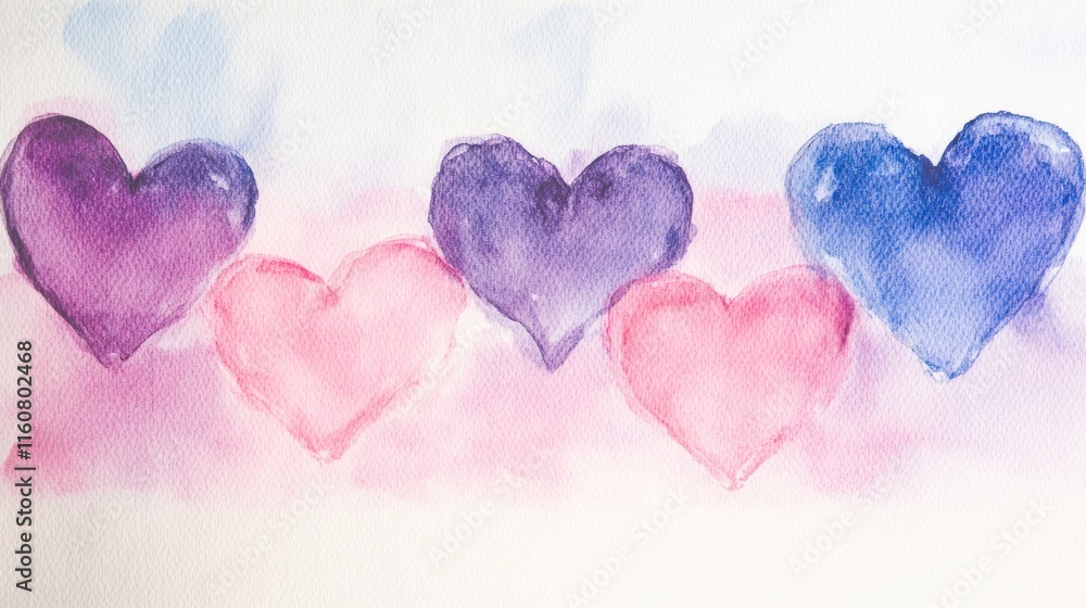 A watercolor illustration featuring hearts in shades of pink and purple, symbolizing love and affection. A watercolor illustration featuring hearts in shades of pink and purple, symbolizing love and affection.
