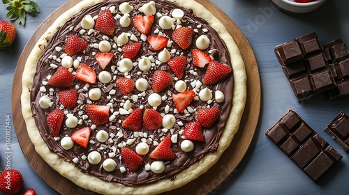 Chocolate and strawberry dessert pizza. photo