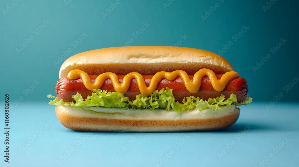 A hot dog with lettuce and mustard on a bun. A hot dog with lettuce and mustard on a bun.