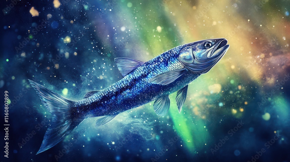 Blue fish swimming in a colorful nebula. Blue fish swimming in a colorful nebula.