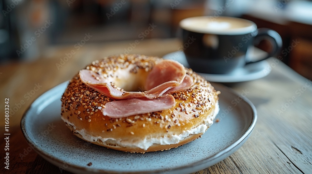 A Bagel with Cream Cheese and Ham Slices on a Plate Next to a Cup of Coffee. A Bagel with Cream Cheese and Ham Slices on a Plate Next to a Cup of Coffee.