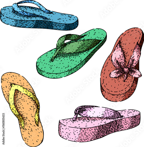 flip flops set hand drawn. casual summer, footwear comfort, slip on flip flops vector sketch. isolated color illustration