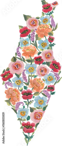 Flowery Palestine map hand drawn watercolour illustration clipart