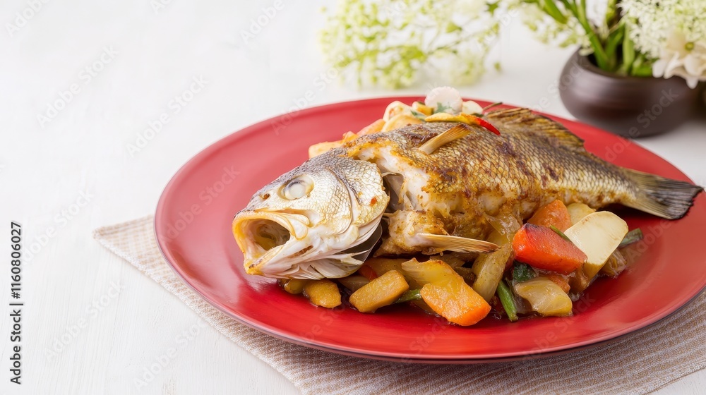 A beautifully plated fish dish garnished with vegetables, showcasing vibrant colors on a red plate, complemented by a decorative background. A beautifully plated fish dish garnished with vegetables, showcasing vibrant colors on a red plate, complemented by a decorative background.