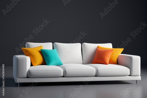 arafed white couch with orange and blue pillows against a black wall photo