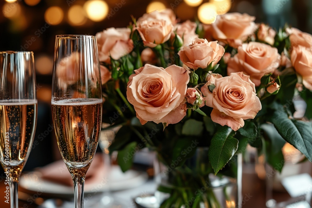 Romantic Celebration with Champagne Glasses and Peach Roses in Elegant Setting, Valentine’s Day Concept Romantic Celebration with Champagne Glasses and Peach Roses in Elegant Setting, Valentine’s Day Concept