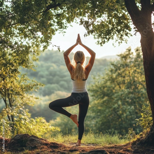 Woman practicing yoga outdoors during sunset surrounded by trees and nature
