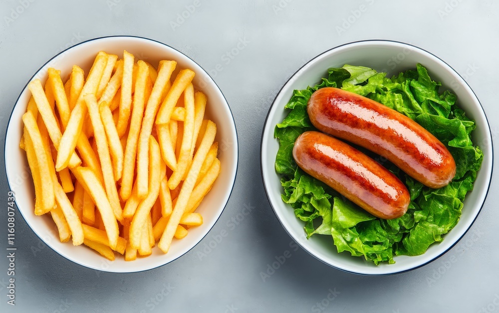 Modern food styling with two bowls, one containing golden french fries and the other grilled sausages, arranged against a gray backdrop for a casual dining visual concept Modern food styling with two bowls, one containing golden french fries and the other grilled sausages, arranged against a gray backdrop for a casual dining visual concept