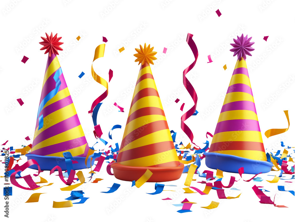 Colorful Birthday Party Hats with Streamers and Confetti Colorful Birthday Party Hats with Streamers and Confetti