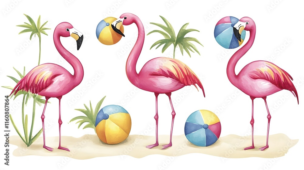 Obraz premium Cute Watercolor Flamingos with Beach Balls Against Tropical Background