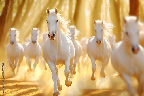 A herd of white horses galloping in the sunlight, with mist rising from their hooves and ears standing straight up as they run across an open field under ancient trees