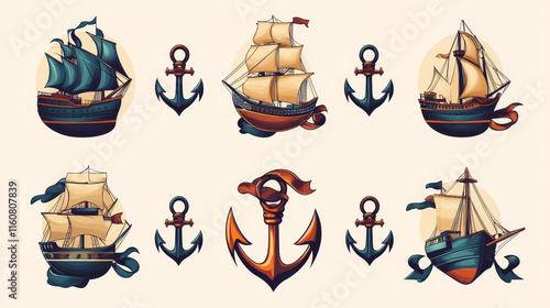 Marine or nautical themed ships anchor icons with blank ribbon banners entwined around the anchors, vector illustration photo