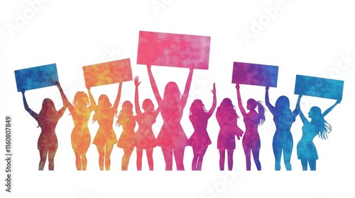 Colorful Silhouettes of Diverse Women Holding Blank Signs in a Vibrant Protest or Activism Scene with a Creative Artistic Flair photo