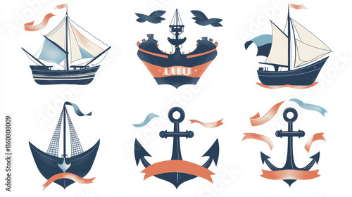 Marine or nautical themed ships anchor icons with blank ribbon banners entwined around the anchors, vector illustration photo