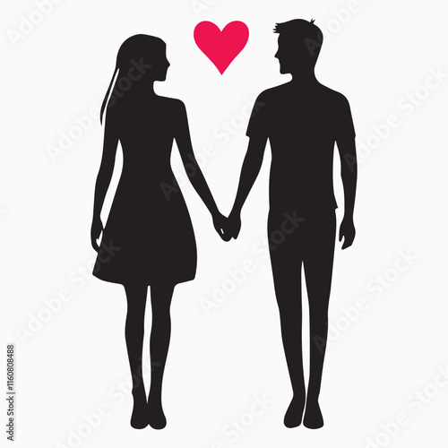 Silhouette of a couple holding hands with a red heart above