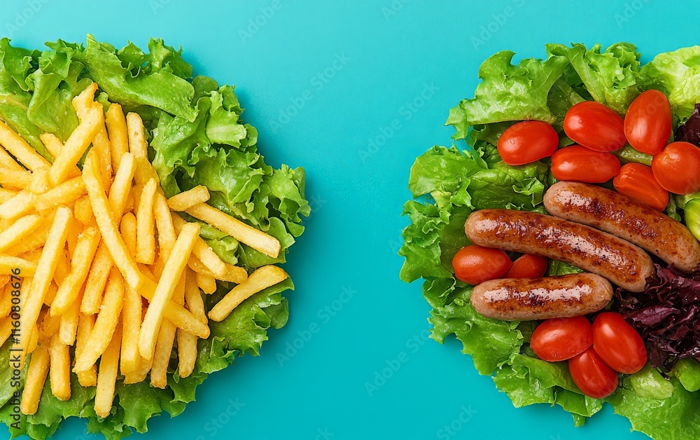 Fresh lettuce, tomatoes, sausages, and crispy fries artfully arranged on a vibrant blue background, creating a modern take on a balanced meal concept Fresh lettuce, tomatoes, sausages, and crispy fries artfully arranged on a vibrant blue background, creating a modern take on a balanced meal concept