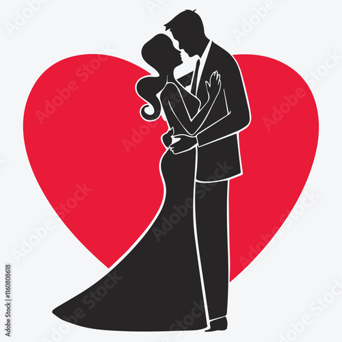 Silhouette of a romantic couple embracing with a red heart background