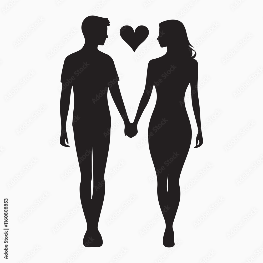 Silhouette of a couple holding hands with a heart symbol Silhouette of a couple holding hands with a heart symbol