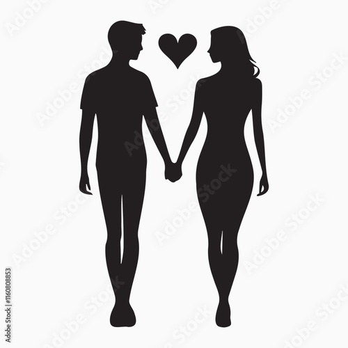Silhouette of a couple holding hands with a heart symbol