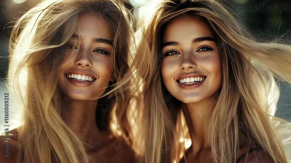 Smiling twins with flowing hair pose together outdoors in soft sunlight capturing a joyful moment Smiling twins with flowing hair pose together outdoors in soft sunlight capturing a joyful moment