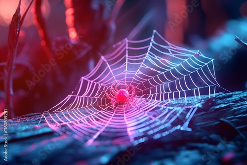 An illuminated spider web in the woods at night, glow from red and blue lights inside it photo