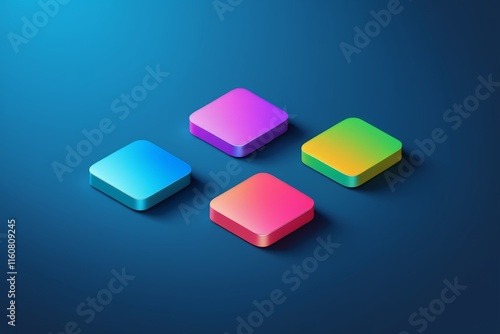 a close up of four square buttons with different colors on a blue background