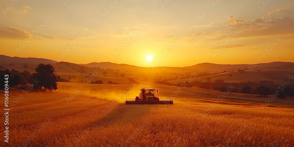 Combine Harvester in Golden Wheat Field at Sunset Combine Harvester in Golden Wheat Field at Sunset