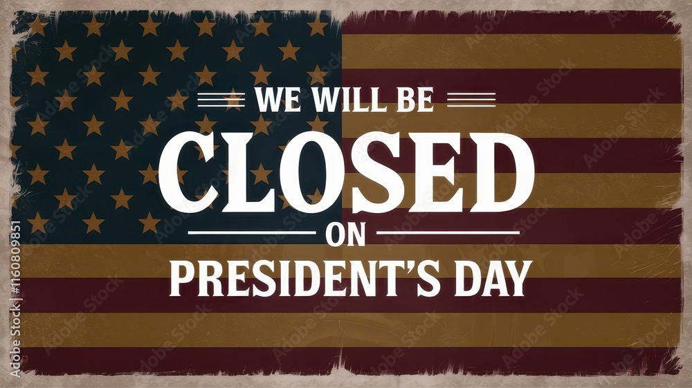 Fototapeta premium We will be closed President's Day banner concept. Closed sign for President's Day with an American flag background, indicating a holiday notice.