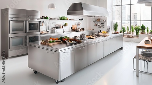 A modern, spacious kitchen featuring stainless steel appliances, a large prep island, fresh ingredients, and natural light from large windows.
