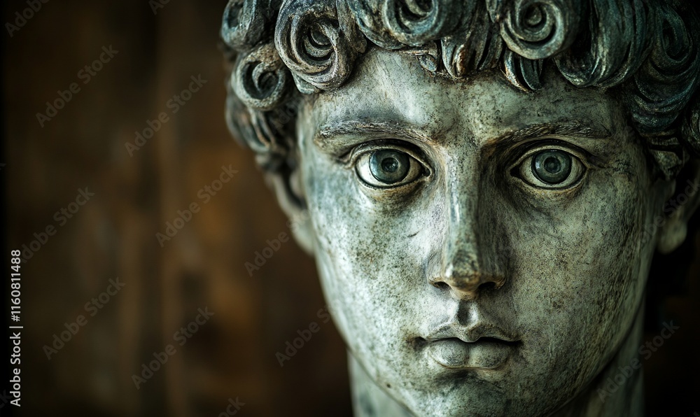 Close-up of an ancient, weathered marble bust of a young man's face. Close-up of an ancient, weathered marble bust of a young man's face.
