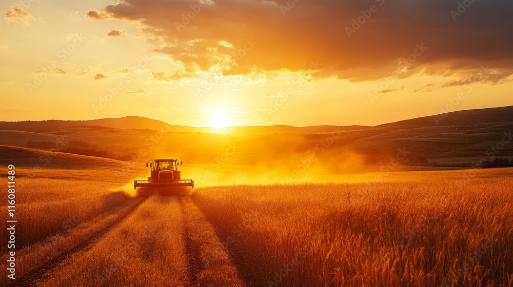 Combine Harvester in Golden Wheat Field at Sunset Combine Harvester in Golden Wheat Field at Sunset