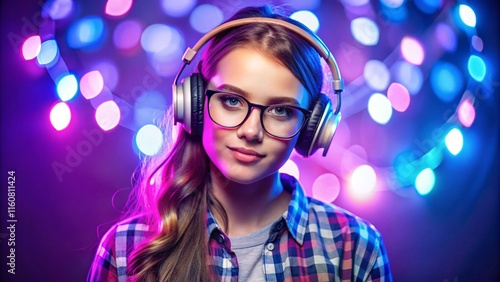 Stylish igen teen hipster pretty fashion girl model wear glasses headphones enjoy listen new dance music mix look at camera at purple studio background trendy 80s party light, portrait website banner photo