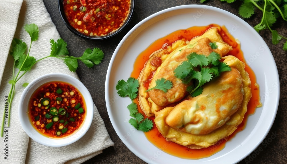 Thai Crab Omelette with Dipping Sauce and Fresh Herbs on Stylish Plate Thai Crab Omelette with Dipping Sauce and Fresh Herbs on Stylish Plate