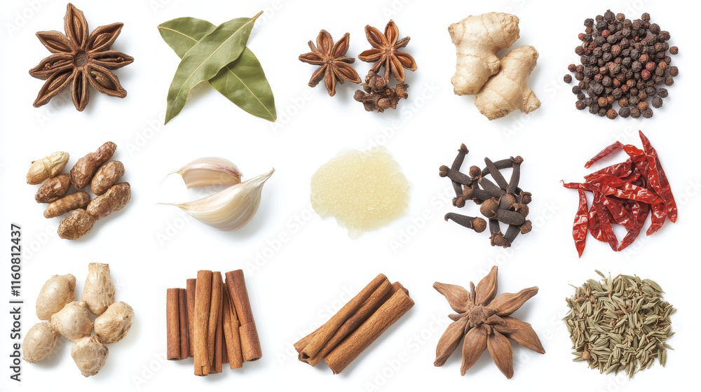 Fragrant spices and condiments from India. Ginger and cinnamon, bay leaves and vanilla, anise star and hot chilli pepper. Piquant curry and nut meg, garlic and saffron, wasabi sauce vector Fragrant spices and condiments from India. Ginger and cinnamon, bay leaves and vanilla, anise star and hot chilli pepper. Piquant curry and nut meg, garlic and saffron, wasabi sauce vector