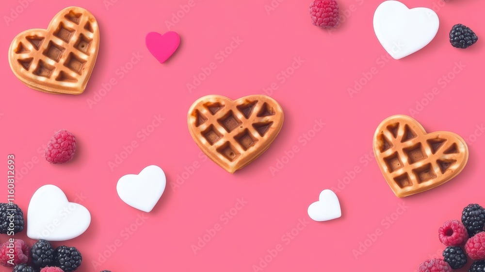 Fototapeta premium A vibrant flat lay of heart-shaped waffles surrounded by berries and cute heart shapes on a pink background, perfect for celebrations or sweet treats.
